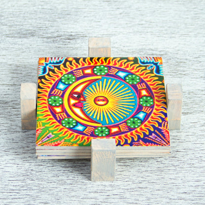 Huichol Sun and Moon Four Decoupage Pinewood Mexican Sun and Moon Motif Coasters