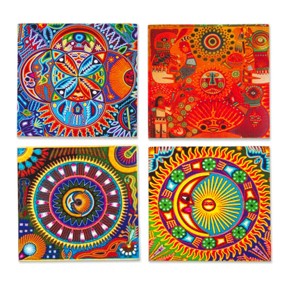 Huichol Sun and Moon Four Decoupage Pinewood Mexican Sun and Moon Motif Coasters