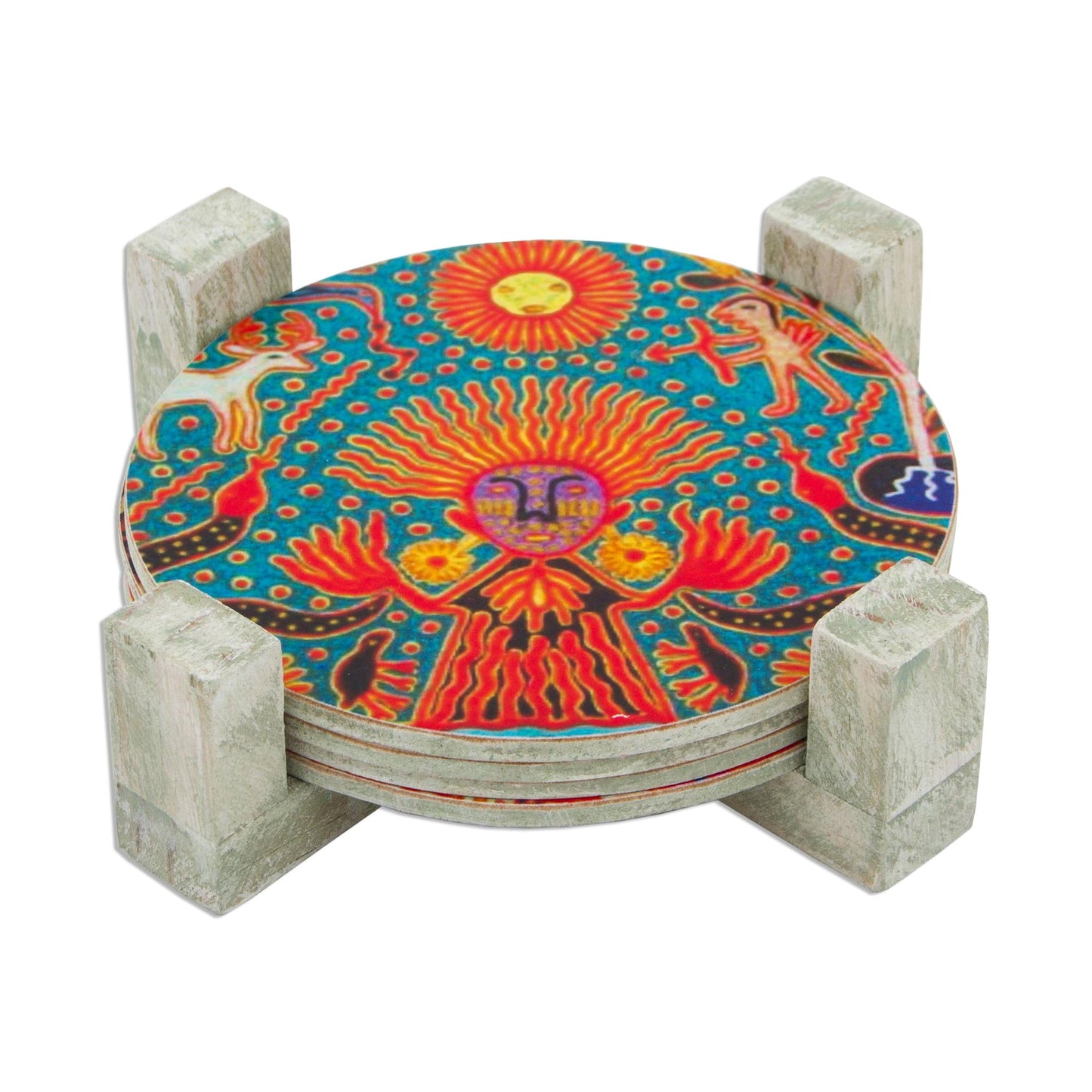 Round Huichol Four Round Multicolored Mexican Pinewood Decoupage Coasters