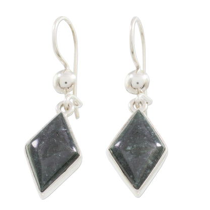 Dark Verdant Diamond Very Dark Green Jade and Sterling Silver Dangle Earrings