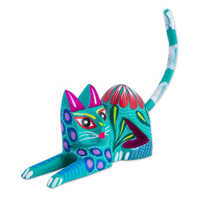 Excited Cat in Teal Copal Wood Alebrije Cat Sculpture in Teal from Mexico