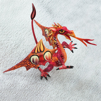 Mexican Dragon in Red Copal Wood Dragon Alebrije Sculpture in Red and Orange