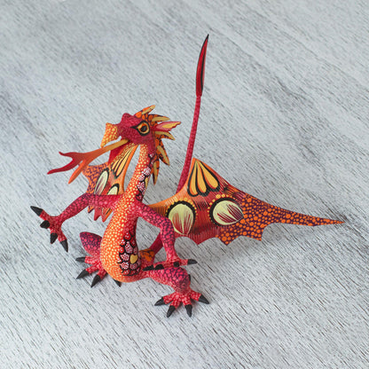 Mexican Dragon in Red Copal Wood Dragon Alebrije Sculpture in Red and Orange