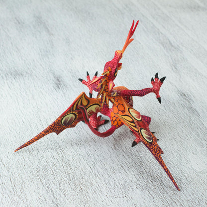 Mexican Dragon in Red Copal Wood Dragon Alebrije Sculpture in Red and Orange