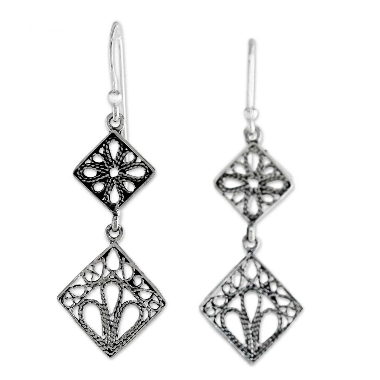 Wind in the Trees Sterling Silver Square Shaped Filigree Dangle Earrings