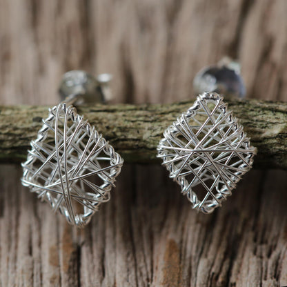 Rhombus Wrap Wrapped Sterling Silver Stud Earrings Crafted in Thailand