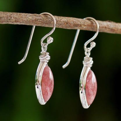 Knowing Eyes Rhodium Plated Rhodochrosite Dangle Earrings from Thailand