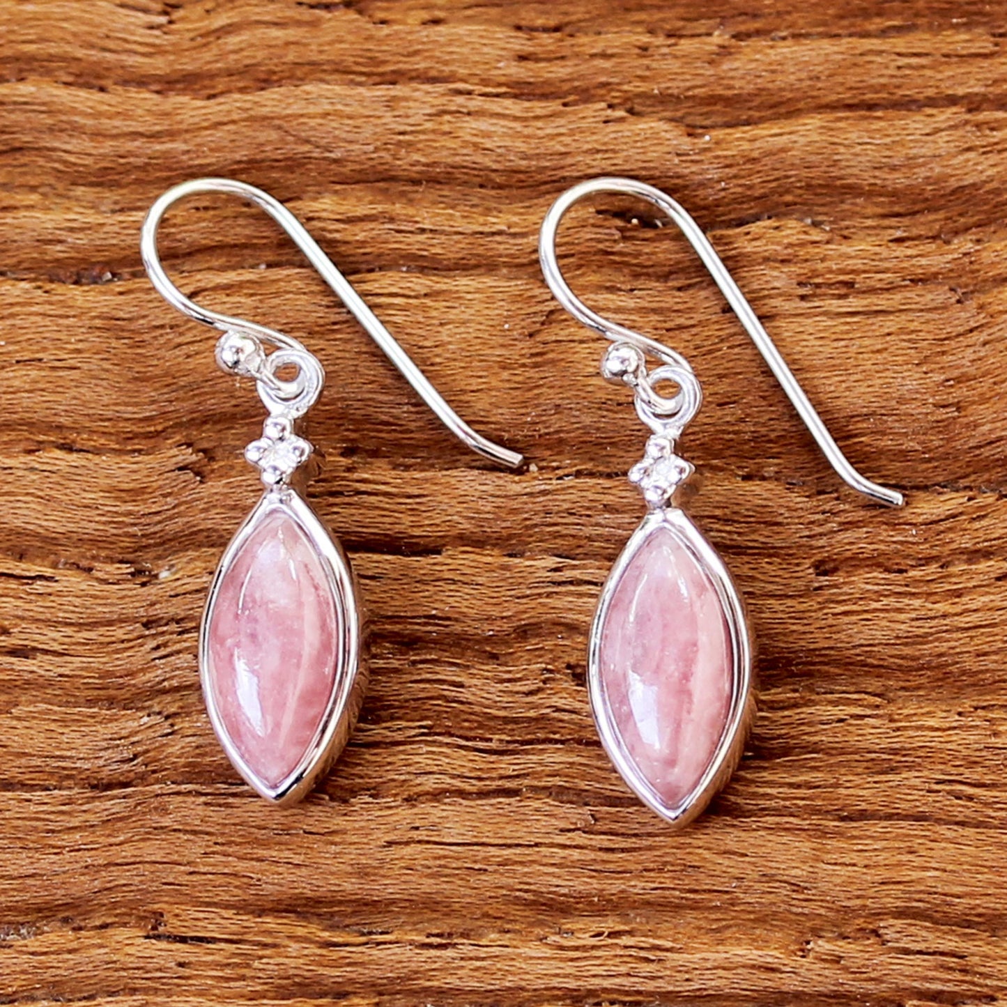 Knowing Eyes Rhodium Plated Rhodochrosite Dangle Earrings from Thailand