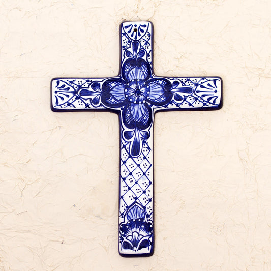 Talavera Flower Hand Crafted Talavera Style Ceramic Wall Cross from Mexico