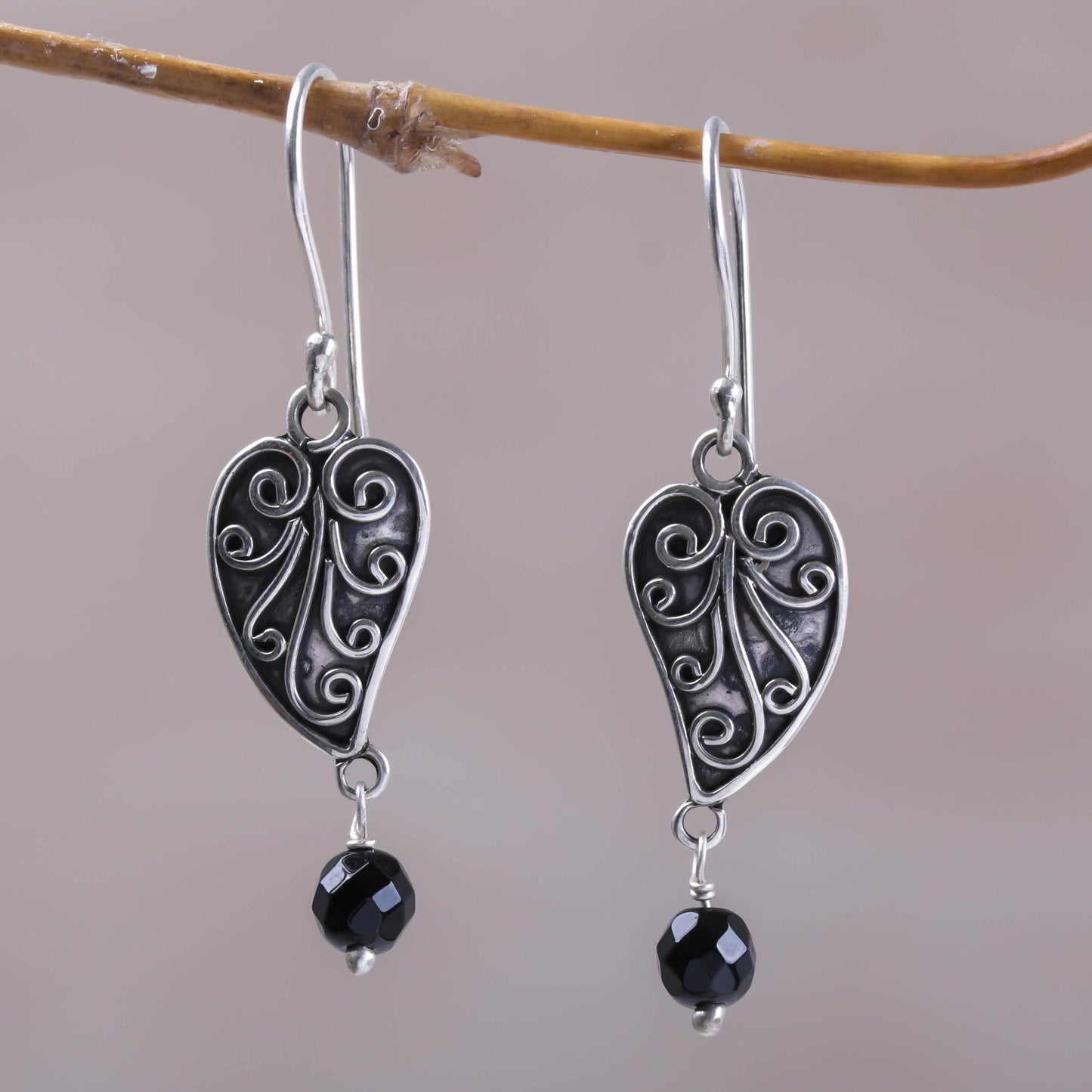 Love Leaf Sterling Silver and Onyx Leaf Dangle Earrings from Bali