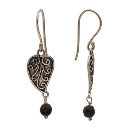 Love Leaf Sterling Silver and Onyx Leaf Dangle Earrings from Bali