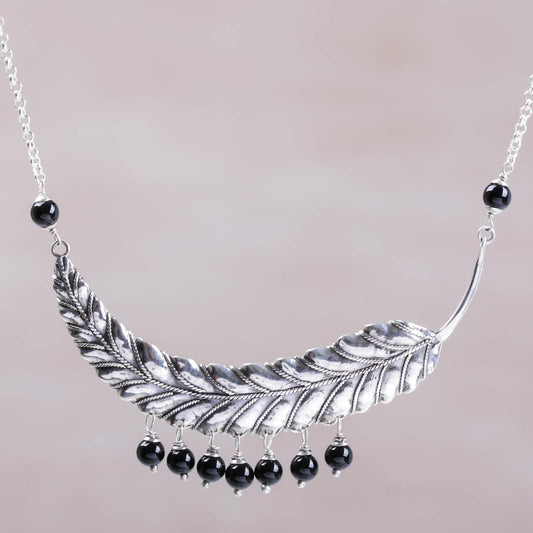 Dusky Dew Sterling Silver and Onyx Leaf Pendant Necklace from Bali