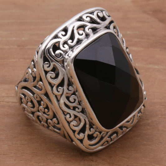 Spiraling Black Onyx Silver Cocktail Ring