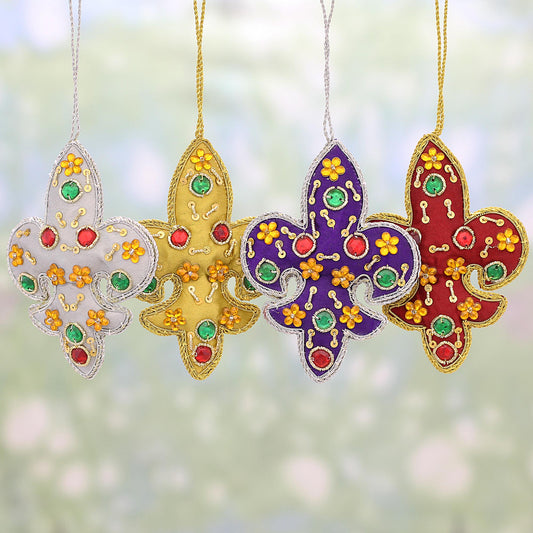 Colorful Fleur de Lis Set of Four Multicolored Fleur de Lis Ornaments from India