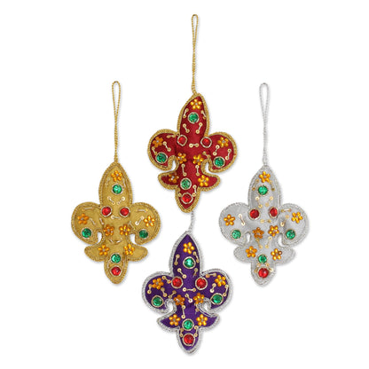 Colorful Fleur de Lis Set of Four Multicolored Fleur de Lis Ornaments from India