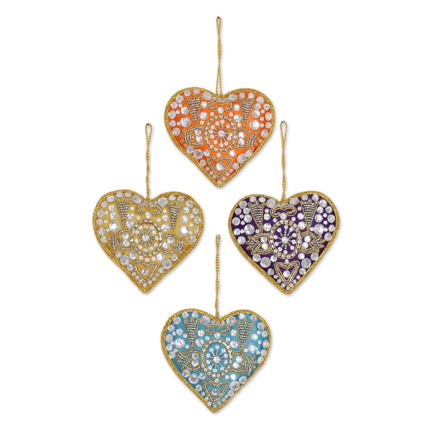 Colorful Hearts 4 Heart Shaped Multicolored Embroidered Ornaments from India