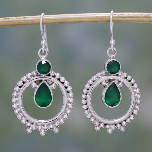 Regal Circles Green Onyx and Sterling Silver Dangle Earrings from India