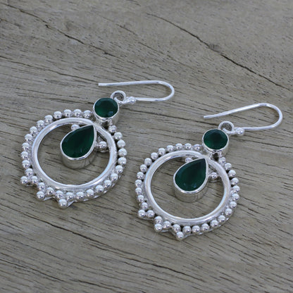 Regal Circles Green Onyx and Sterling Silver Dangle Earrings from India