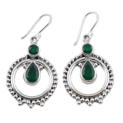 Regal Circles Green Onyx and Sterling Silver Dangle Earrings from India