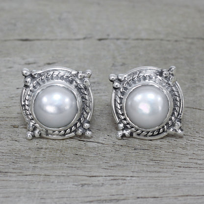 Morning Crowns Cultured Pearl and Sterling Silver Earrings from India