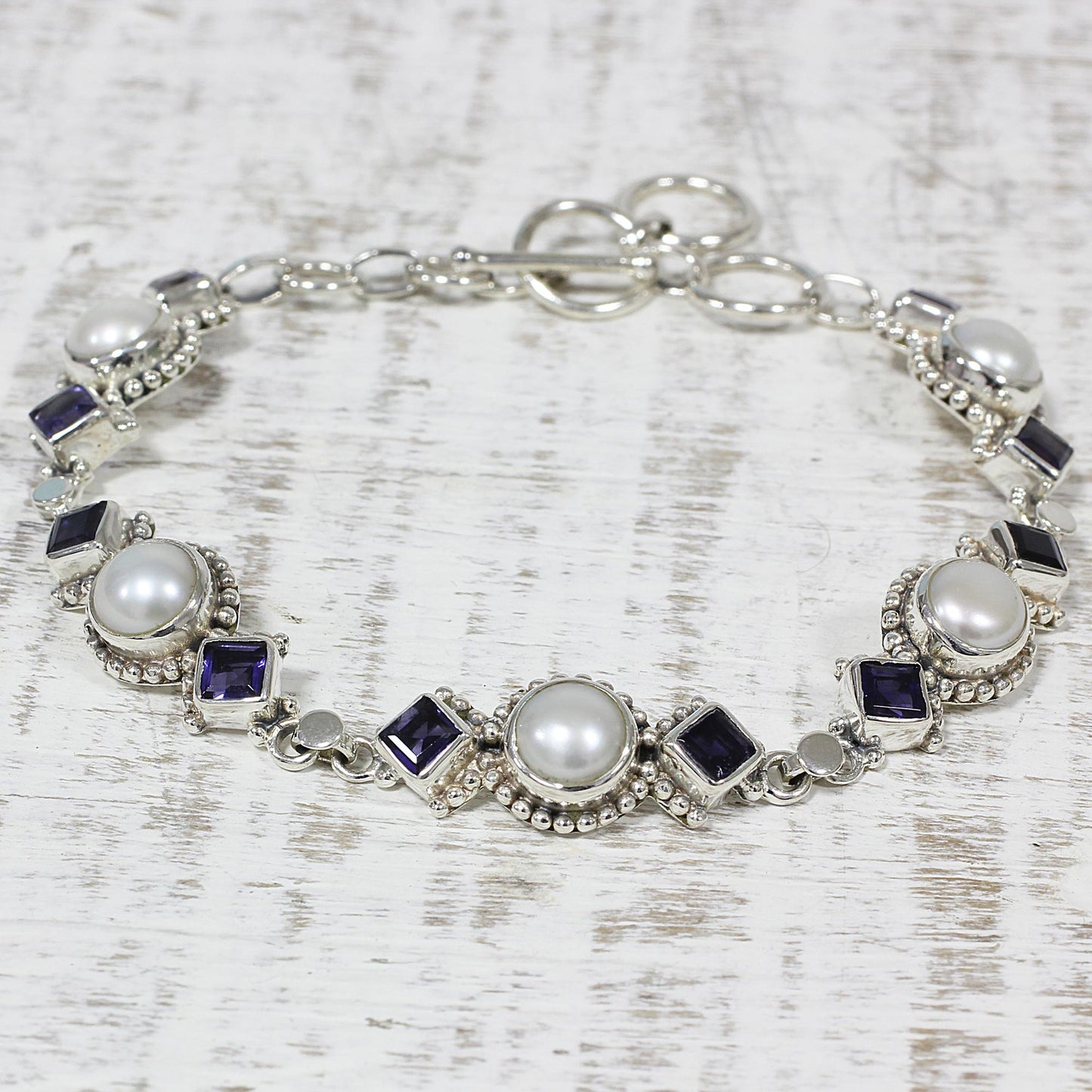 Blue Palace Iolite and Cultured Pearl Link Bracelet from India