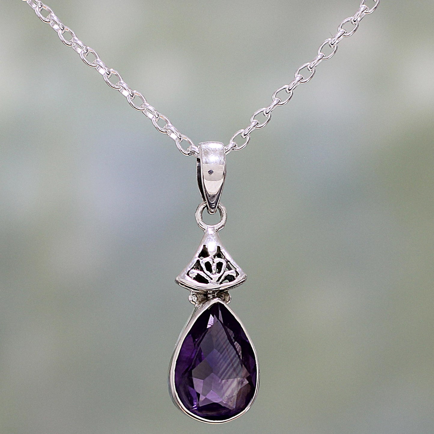 Lavender Drop Faceted Amethyst and Sterling Silver Necklace from India