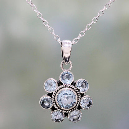 Morning Glitter Blue Topaz and Sterling Silver Pendant Necklace from India