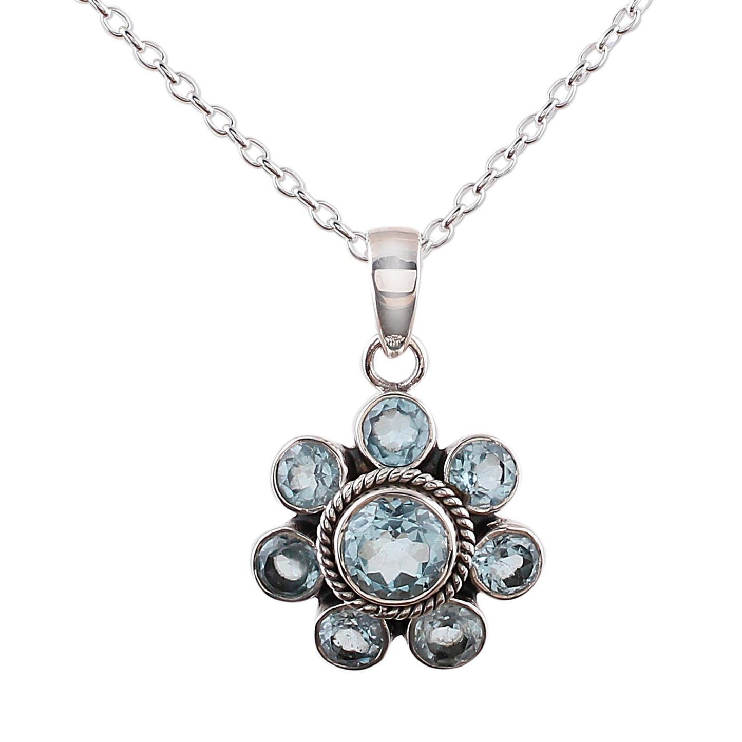 Morning Glitter Blue Topaz and Sterling Silver Pendant Necklace from India