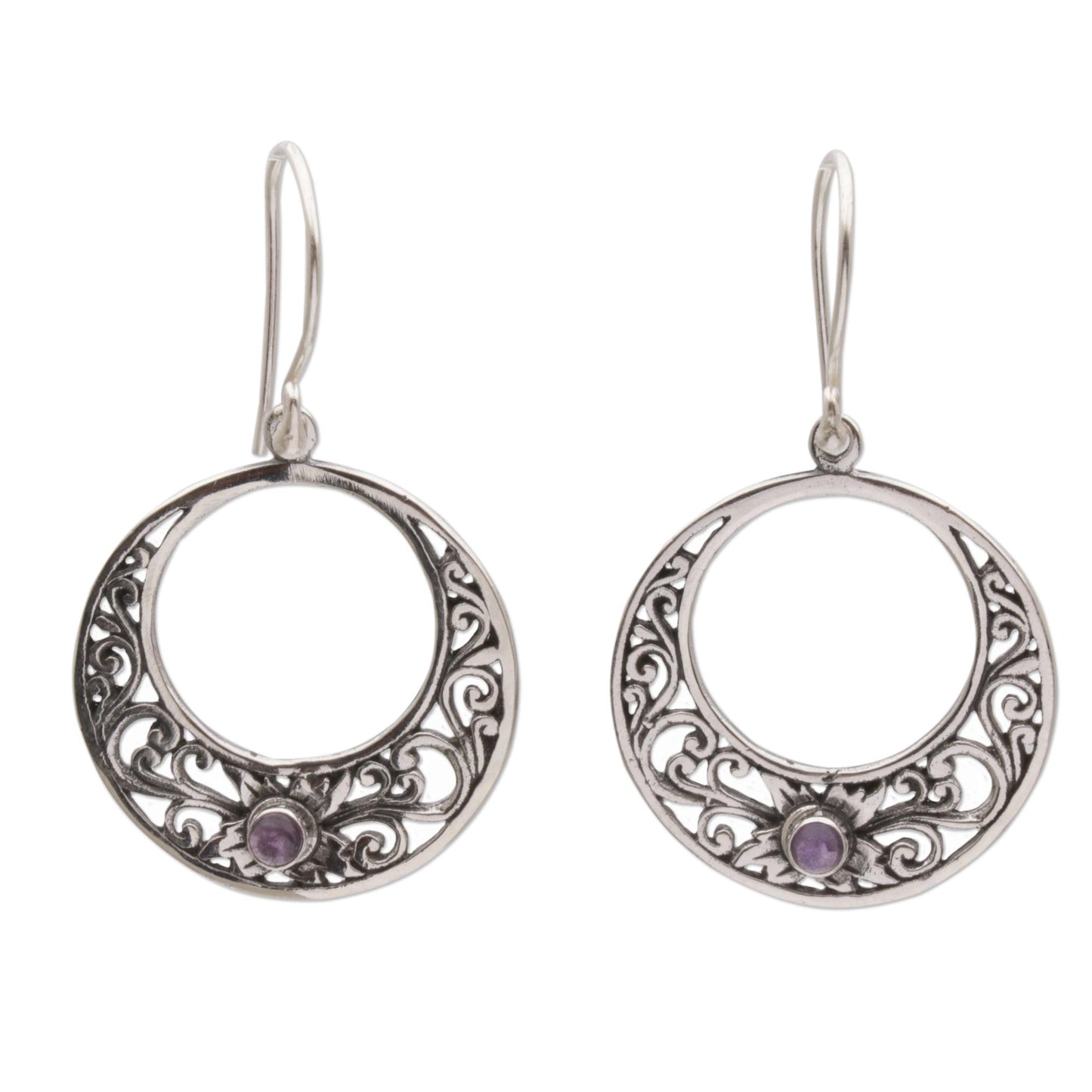 Crescent Spirals Amethyst and 925 Sterling Silver Dangle Earrings from Bali