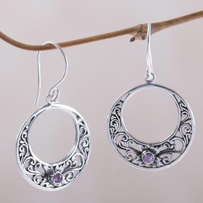 Crescent Spirals Amethyst and 925 Sterling Silver Dangle Earrings from Bali