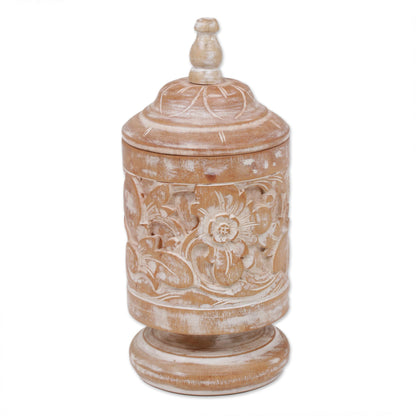 Antique Flower Mahogany Wood Cylindrical Decorative Jar with Floral Motifs