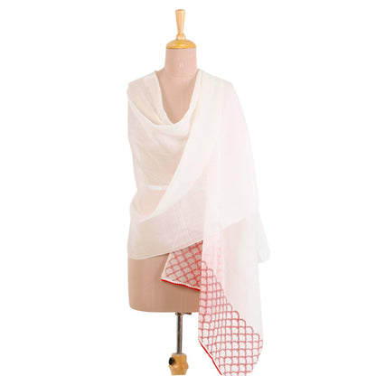 Strawberry Picnic Cotton and Silk Blend Indian Shawl in Natural and Strawberry