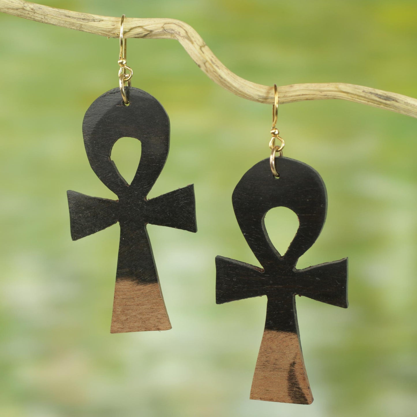 Life Ankhs Ebony Wood Ankh Cross Dangle Earrings from Ghana