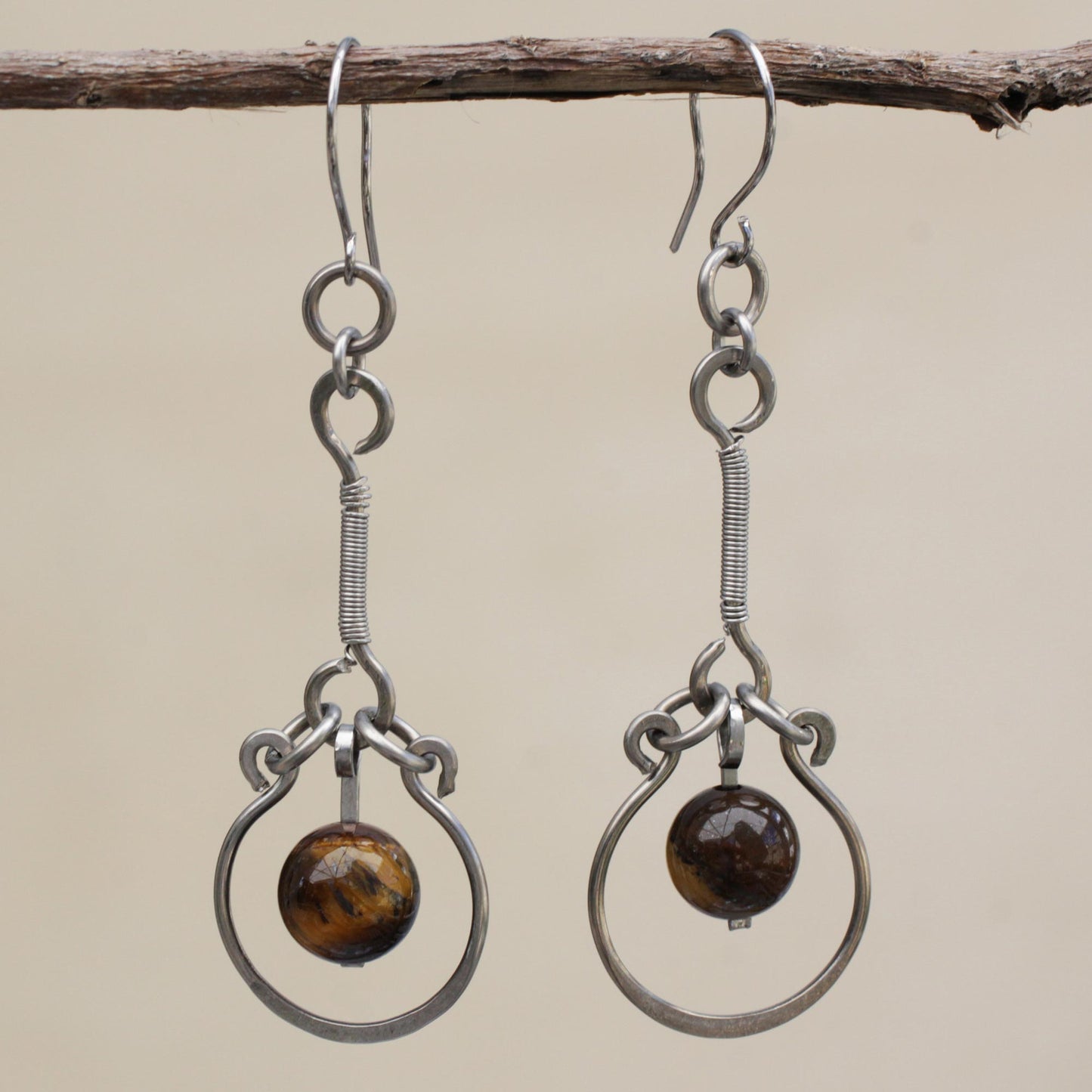 Balanced Nature Tiger's Eye and Stainless Steel Dangle Earrings from Brazil