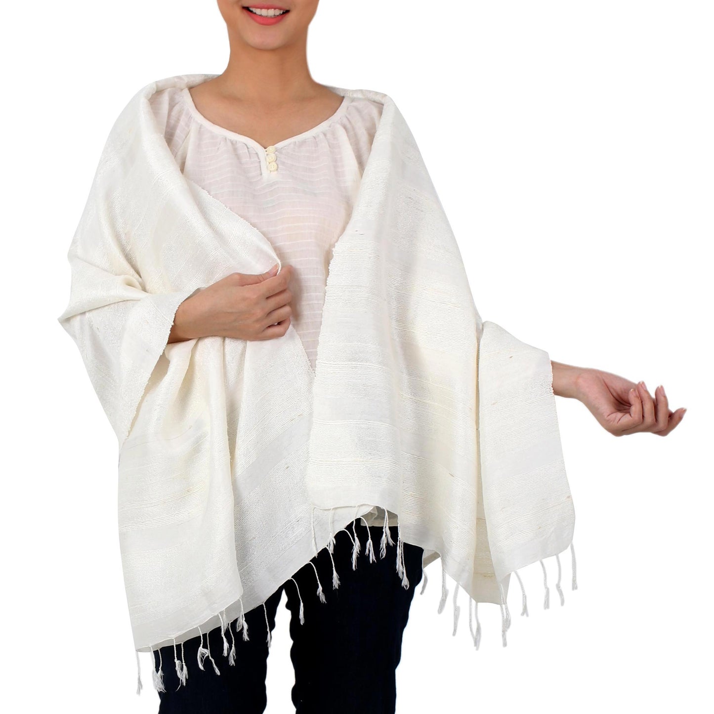 Afternoon Breeze Handwoven Fringed Silk Shawl in Ivory from Thailand