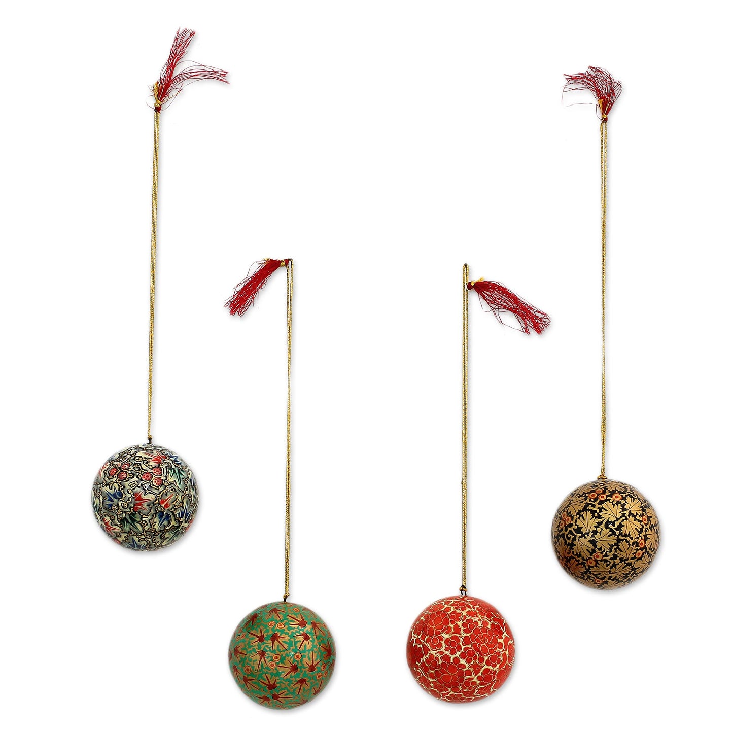 Alluring Baubles Set of Four Round Colorful Papier Mache Ornaments from India