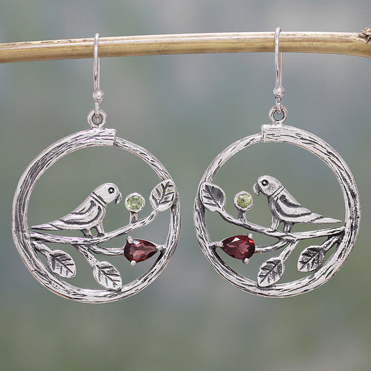 Parrot Song Garnet and Peridot Parrot Dangle Earrings from India