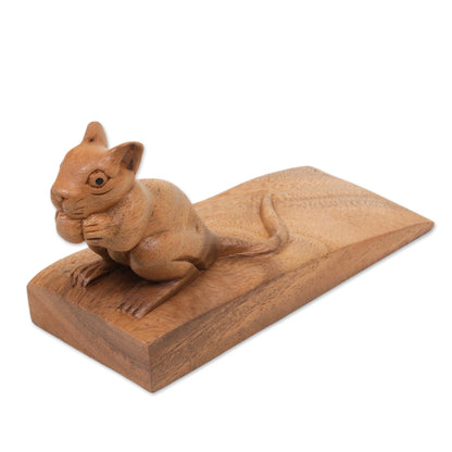 Charming Mouse in Brown Wood Door Stopper