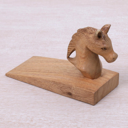Handy Horse in Brown Hand Carved Suar Wood Horse Door Stopper in Brown from Bali