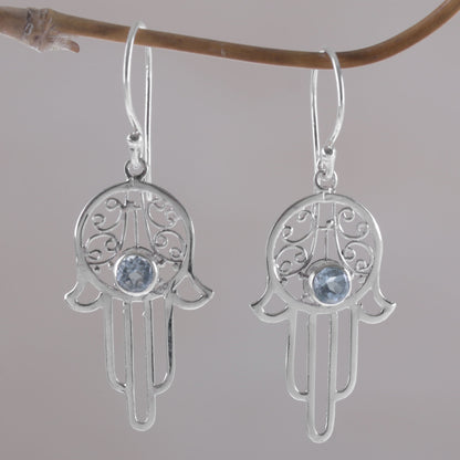 Hamsa Swirls Blue Topaz and Sterling Silver Hamsa Hand Dangle Earrings