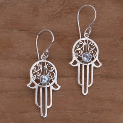 Hamsa Swirls Blue Topaz and Sterling Silver Hamsa Hand Dangle Earrings