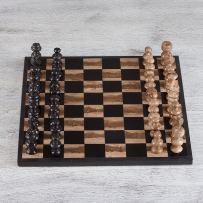 Worthy Match Marble Chess Set in Beige and Black from Mexico