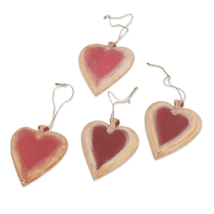 Ruby Hearts Set of Four Painted Wood Heart Ornaments from Bali