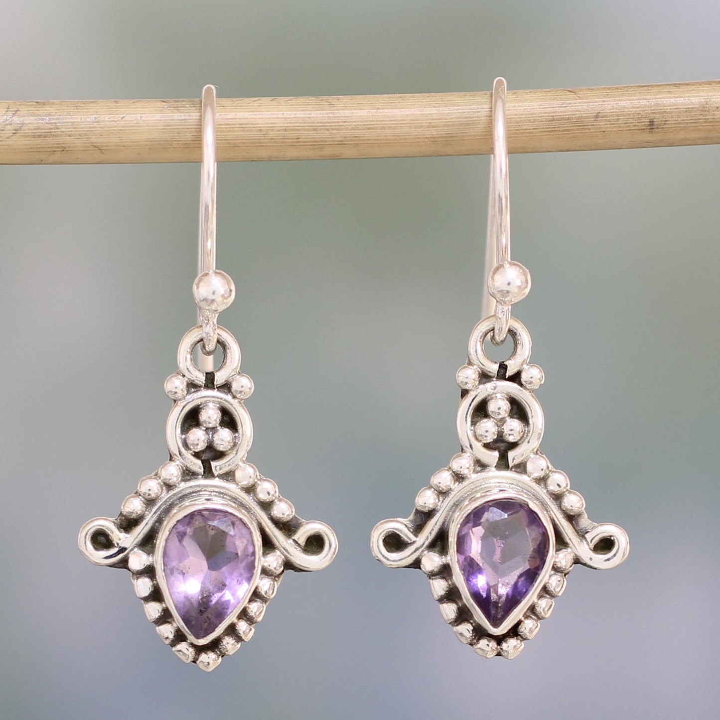 Dotted Delight Amethyst and Sterling Silver Teardrop Earrings from India