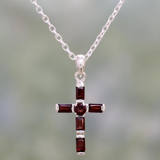 Deep Crimson Cross Garnet & Silver Necklace
