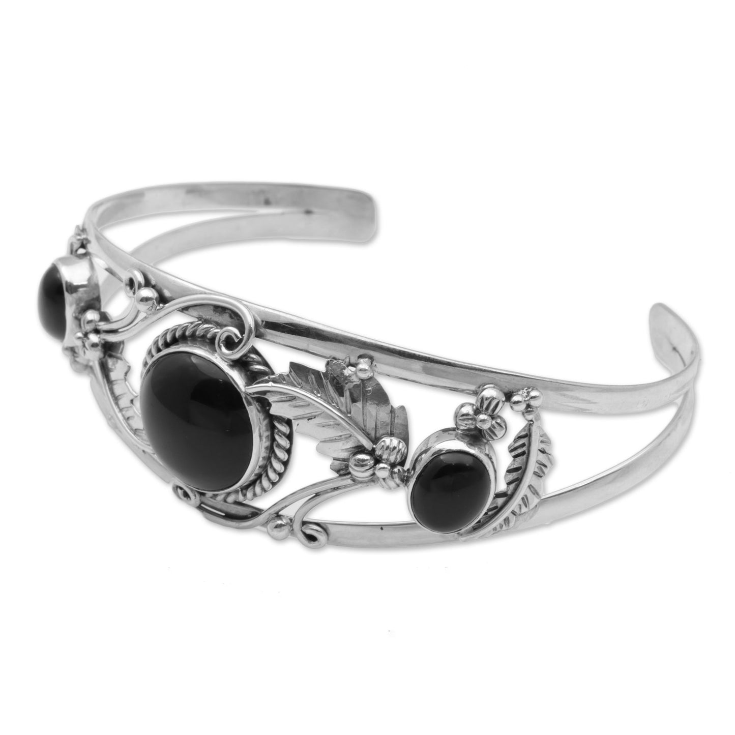 Night Leaves Onyx and Sterling Silver Leafy Cuff Bracelet from Bali