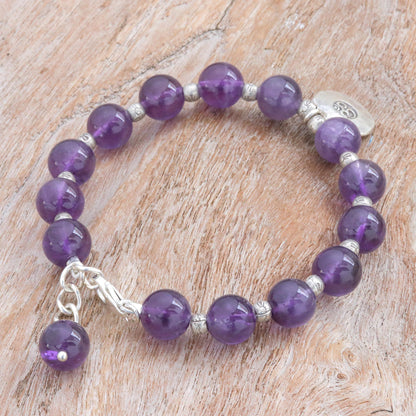 Planetary Om Karen Silver and Amethyst Beaded Bracelet from Thailand