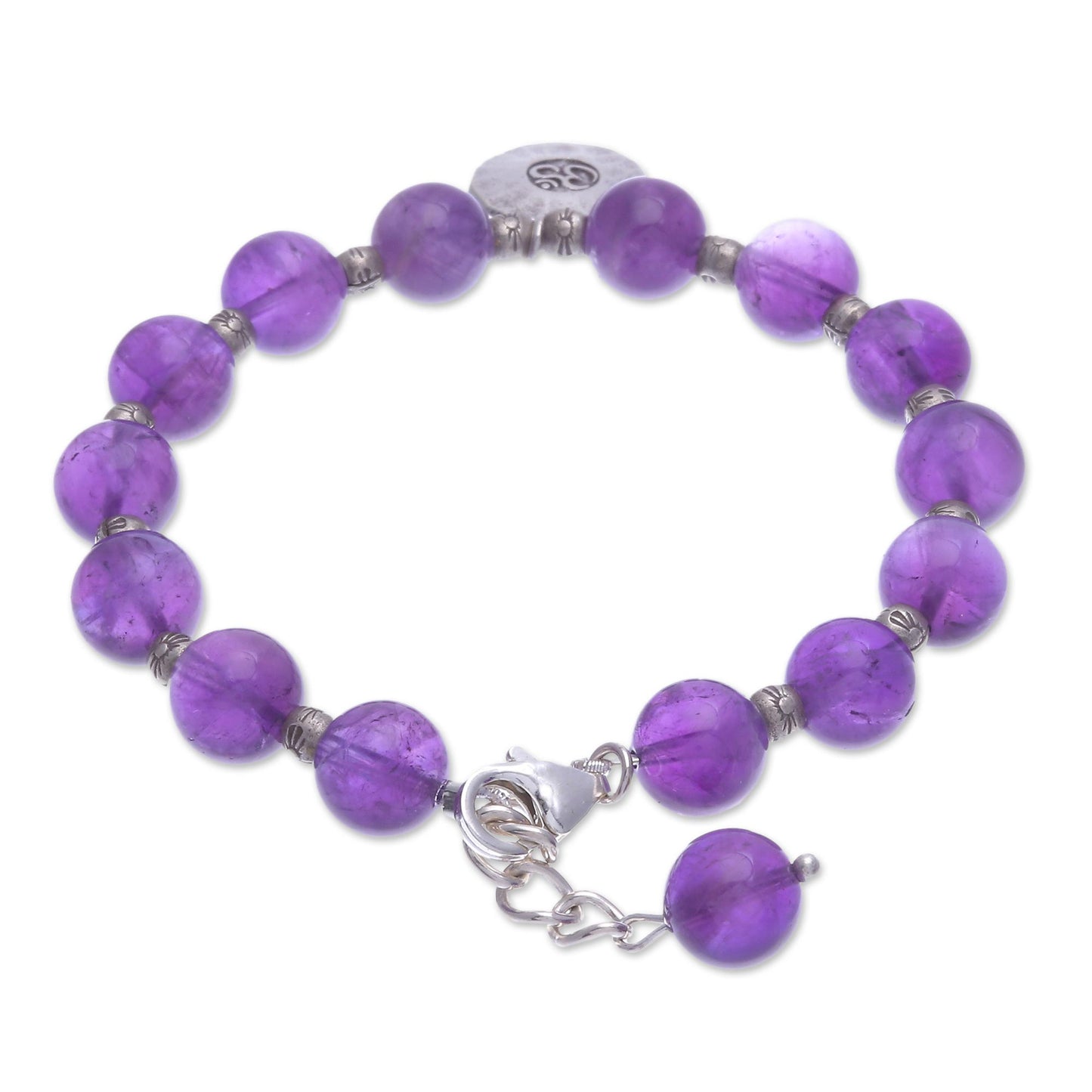 Planetary Om Karen Silver and Amethyst Beaded Bracelet from Thailand