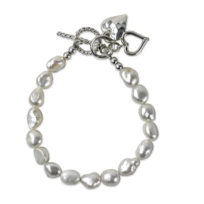 Promising Love Cultured Pearl Beaded Heart Charm Bracelet from Thailand