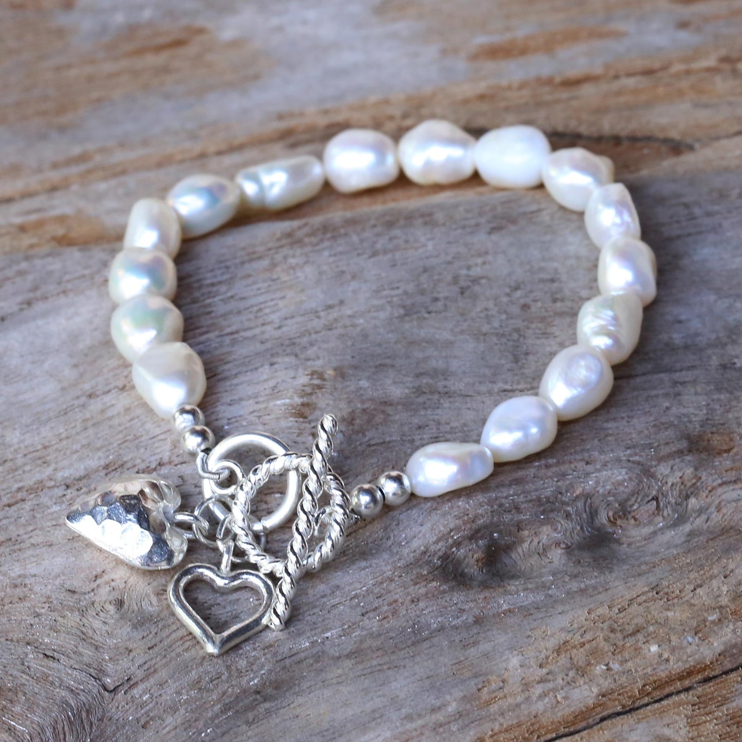 Promising Love Cultured Pearl Beaded Heart Charm Bracelet from Thailand